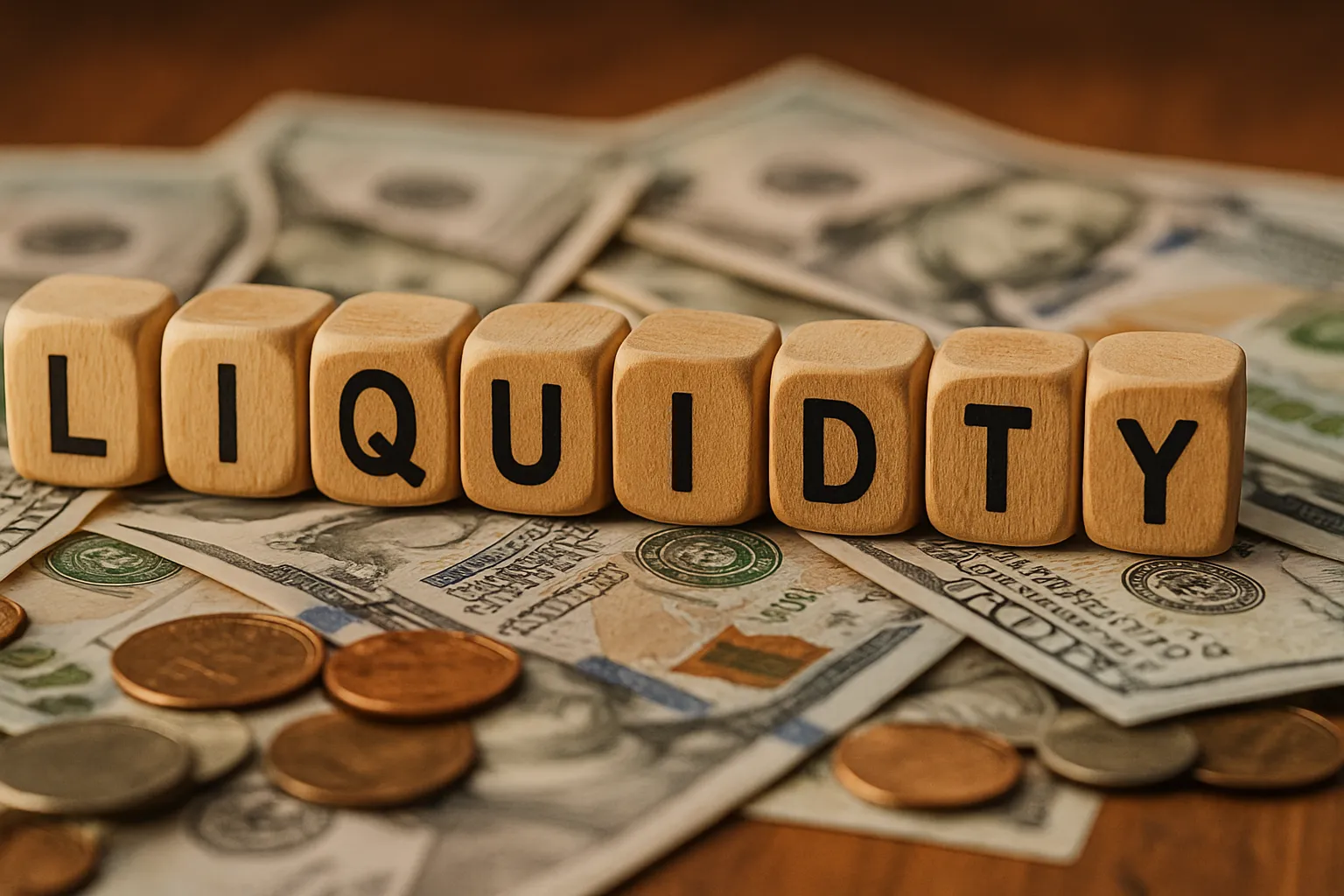 liquidity in investing strategy illustrated by wooden dice spelling LIQUIDITY placed on US banknotes and coins, warm natural lighting, shallow depth of field, high-detail textures.