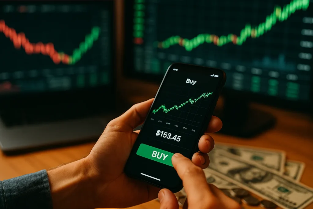 Liquidity in investing strategy illustrated by a trader tapping buy on a smartphone trading app, with glowing stock charts visible on monitors in the background.