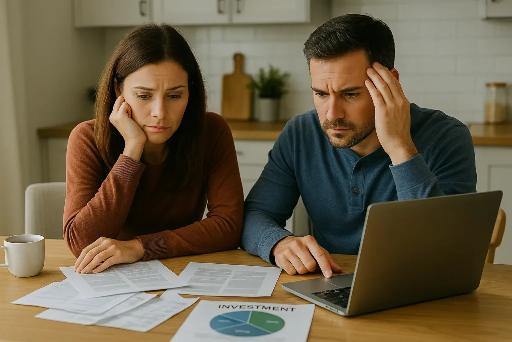 Liquidity in investing strategy shown by a worried couple at a kitchen table, surrounded by bills and investment papers, looking stressed while reviewing finances and laptop data.