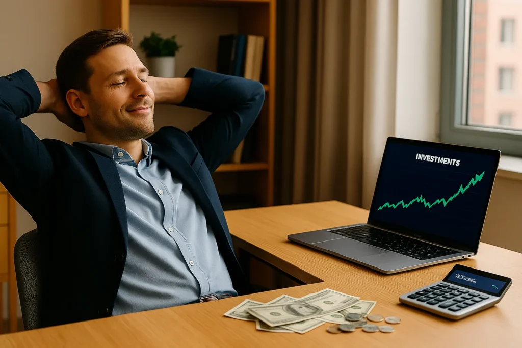Liquidity in investing strategy illustrated by a relaxed professional in a modern office, sitting back with cash and coins on desk beside a laptop showing investments.