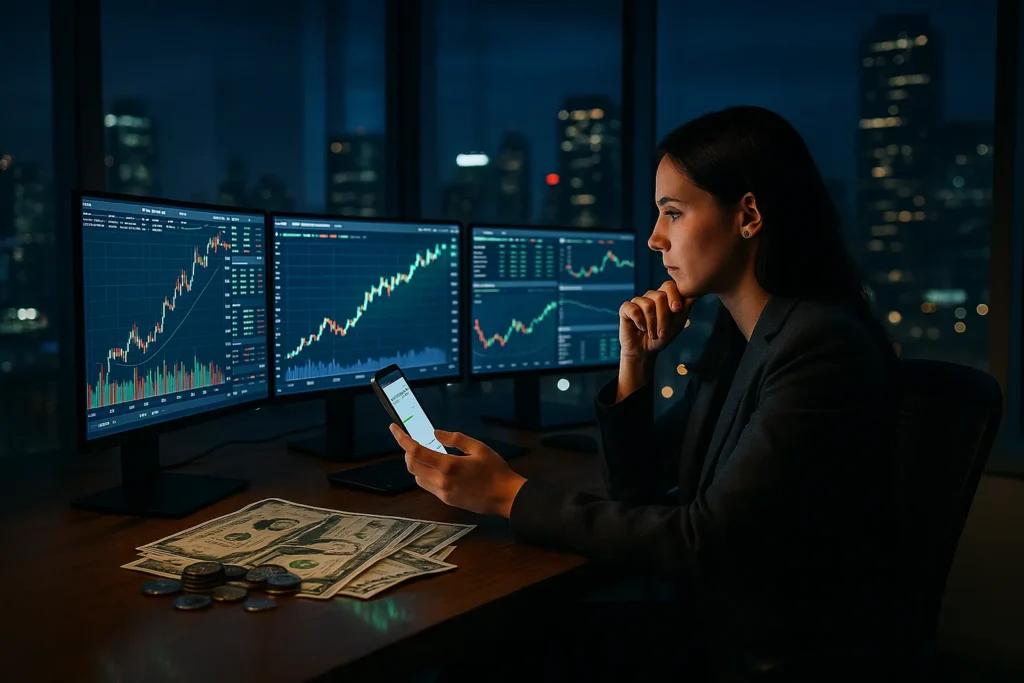 Liquidity in investing strategy depicted by a woman in a modern office at night, analyzing multiple glowing monitors with stock charts and financial data, city skyline behind.