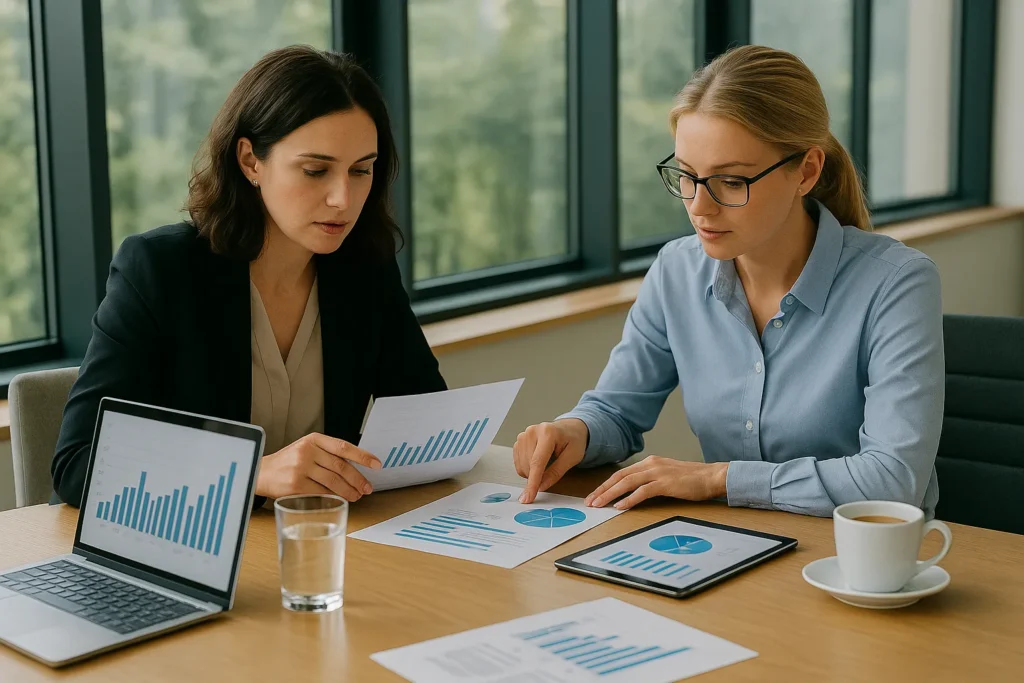 Liquidity in investing strategy shown by two professional women in a modern office, reviewing financial documents with laptops and tablets displaying charts and graphs in natural daylight.