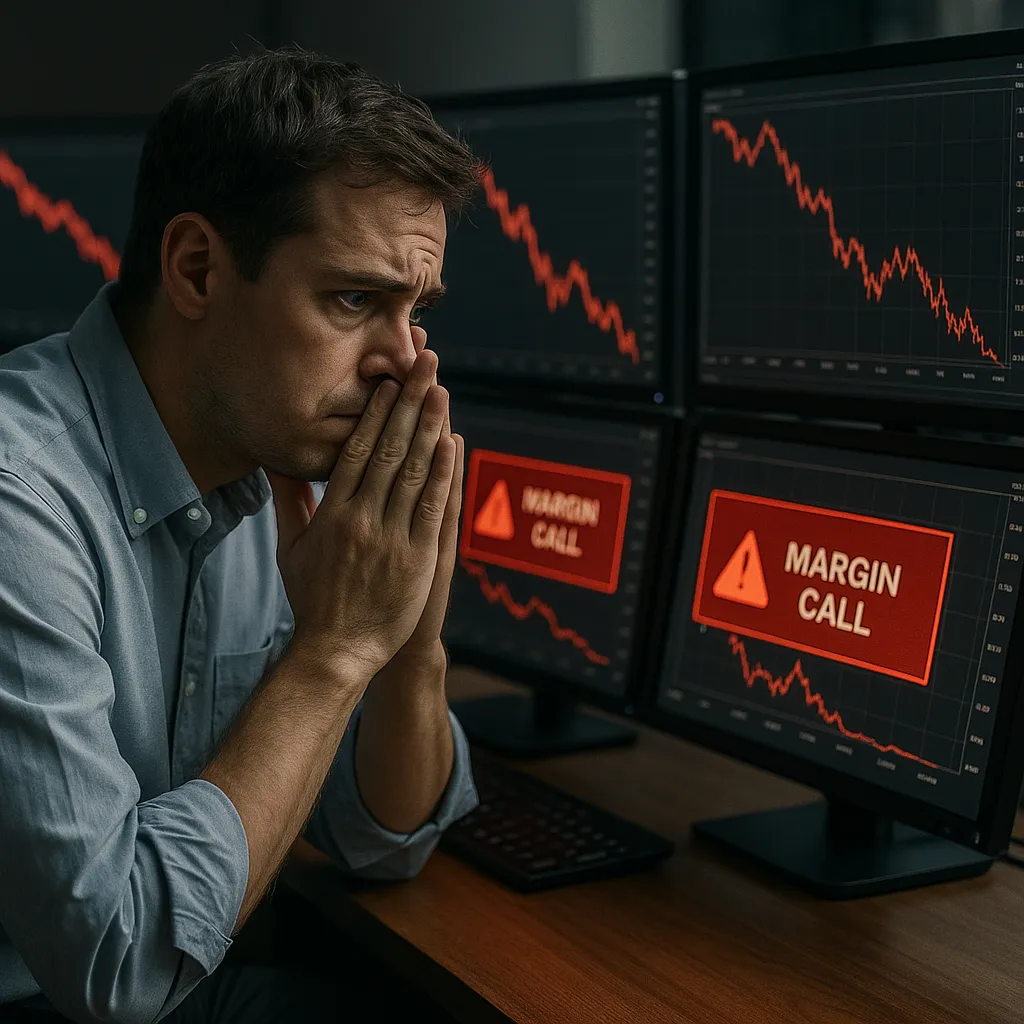 Margin account trading risks illustrated by a stressed trader watching multiple screens showing red downward charts and margin call warnings flashing urgently in dim office light.