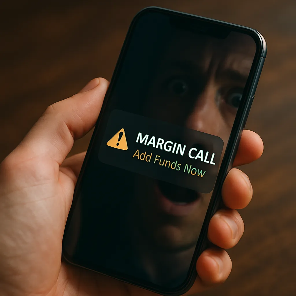 Margin account trading risks illustrated by a shocked face reflected in a smartphone screen displaying a margin call alert urging immediate fund addition.