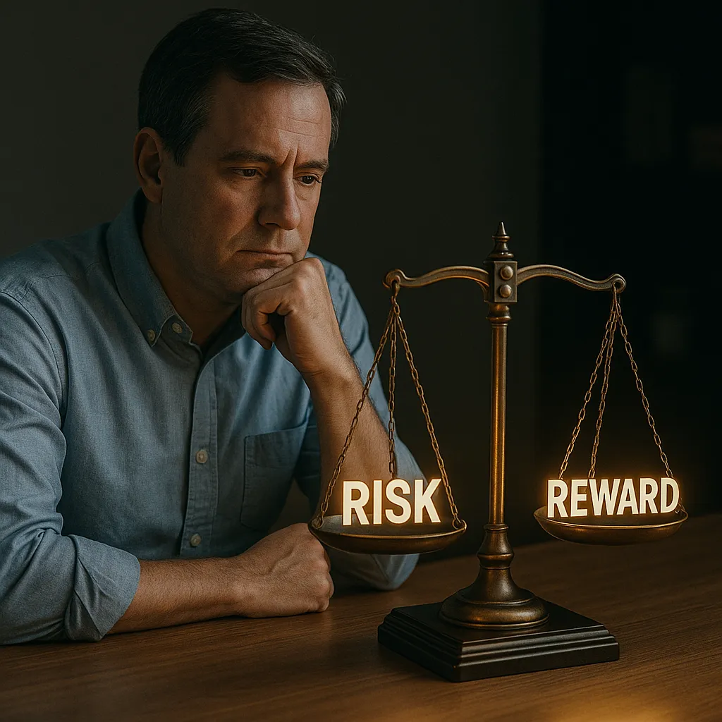 Margin account trading risks visualized by an investor at a desk, staring at a glowing brass balance scale labeled Risk and Reward, symbolizing decision-making challenges.