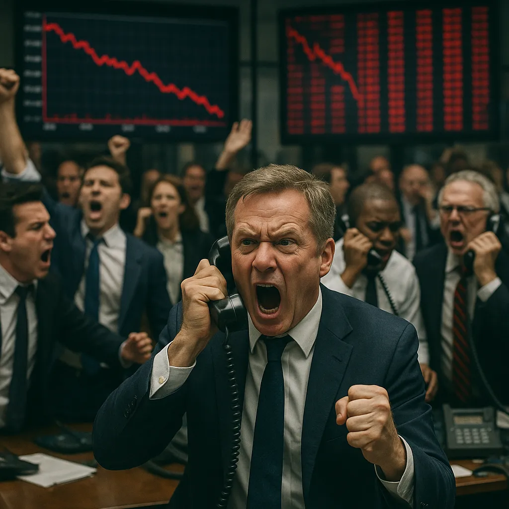 Margin account trading risks illustrated by a chaotic trading floor, red screens, ringing phones, and panicked traders reacting to a dramatic market downturn.