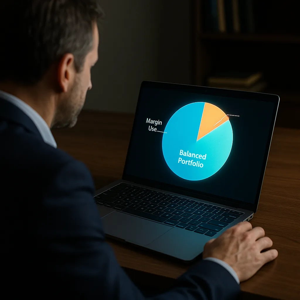 Margin account trading risks illustrated by an investor at a desk, analyzing a glowing laptop pie chart showing margin use as a small safe allocation in portfolio.