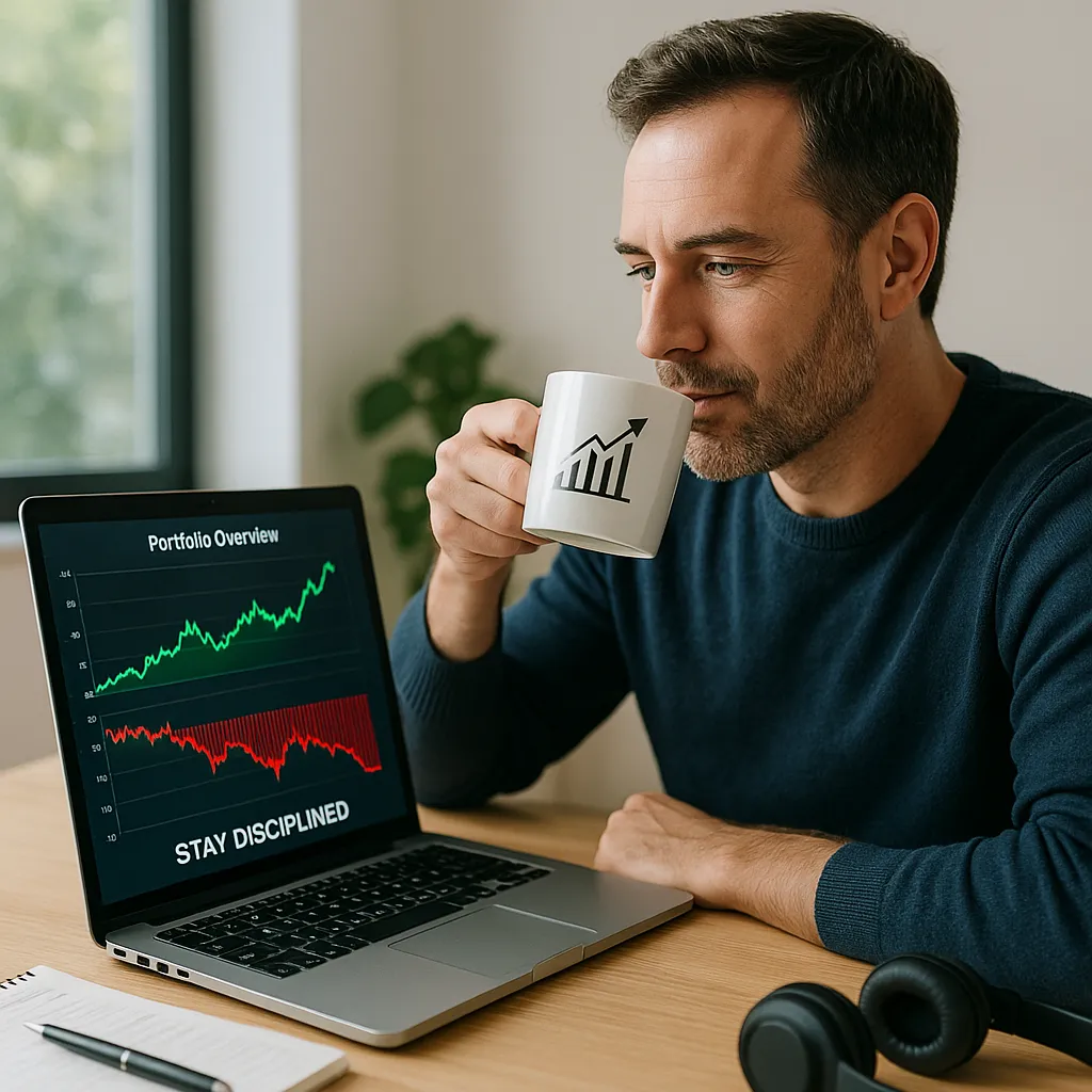 Margin account trading risks shown by a relaxed investor calmly reviewing green and red charts on a laptop while sipping coffee, emphasizing disciplined portfolio management.