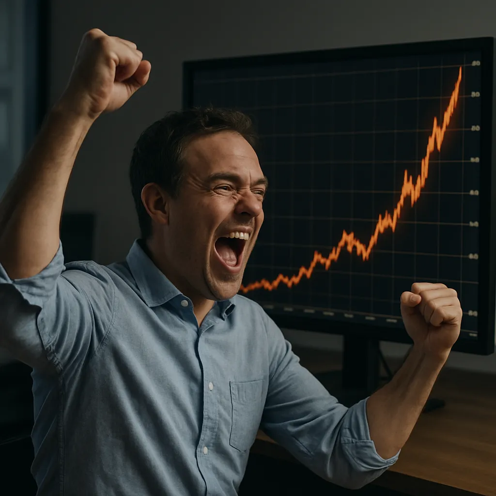 Margin account trading risks highlighted by a jubilant trader celebrating wildly as a stock chart skyrockets upward on a large monitor in a modern office setting.