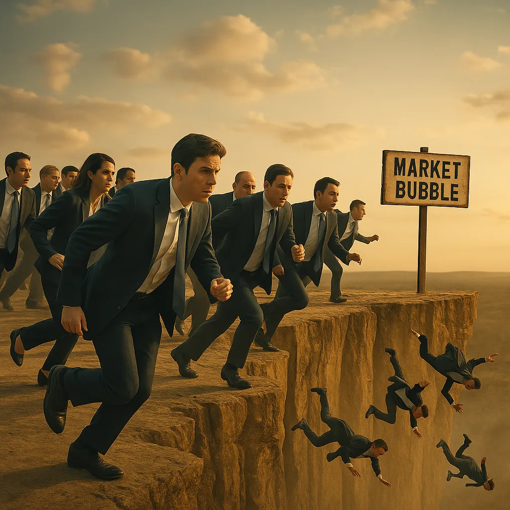 A crowd of investors in suits runs toward a cliff labeled ‘Market Bubble,’ some falling off, with investor behavioral biases explained through visual metaphor and chaos.