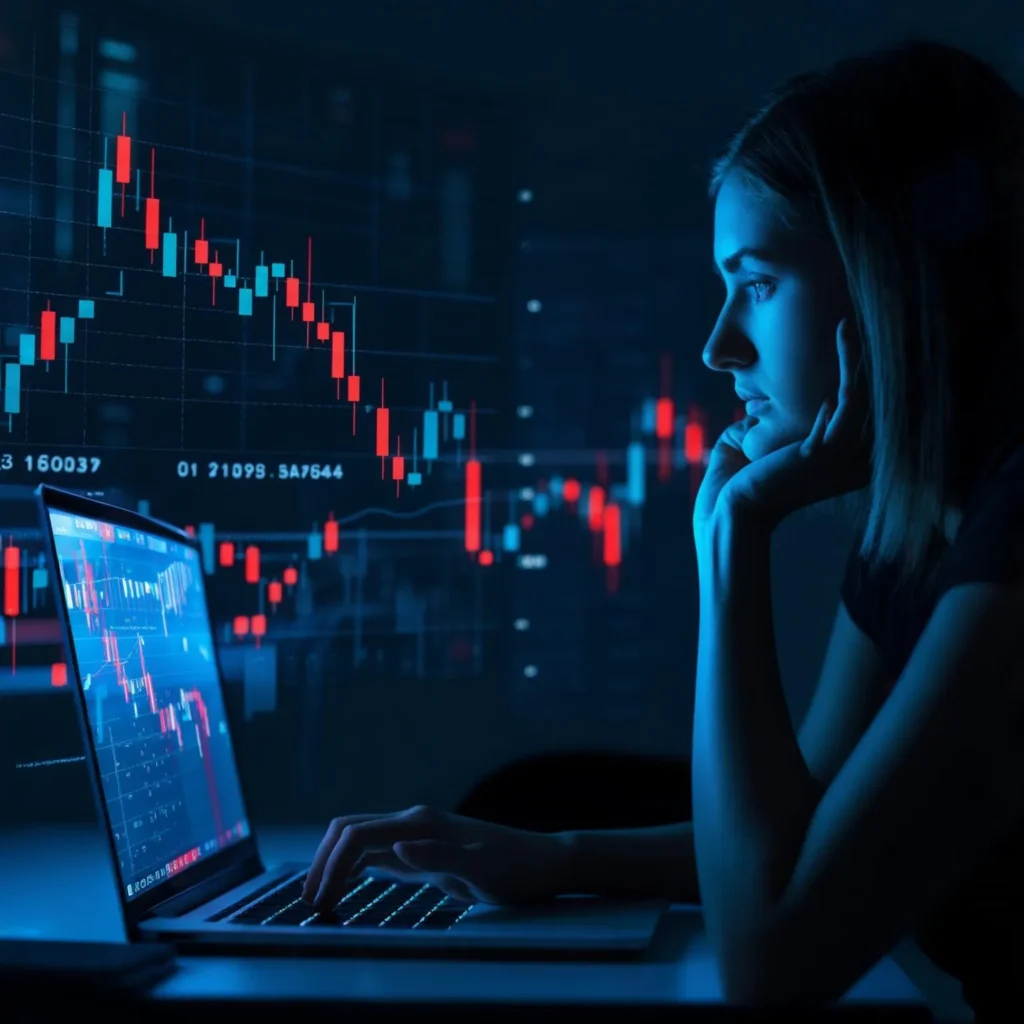 Navigating market volatility: Focused woman studies stock charts on laptop with red and green candlesticks projected, symbolizing financial analysis, uncertainty, and strategic investment decisions.
