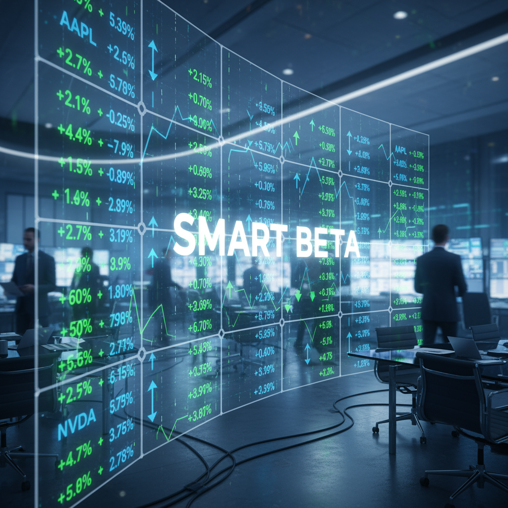Smart Beta Investing Guide visual with glowing digital stock charts on a glass wall in a modern office, professionals analyzing data amid a high-tech environment.