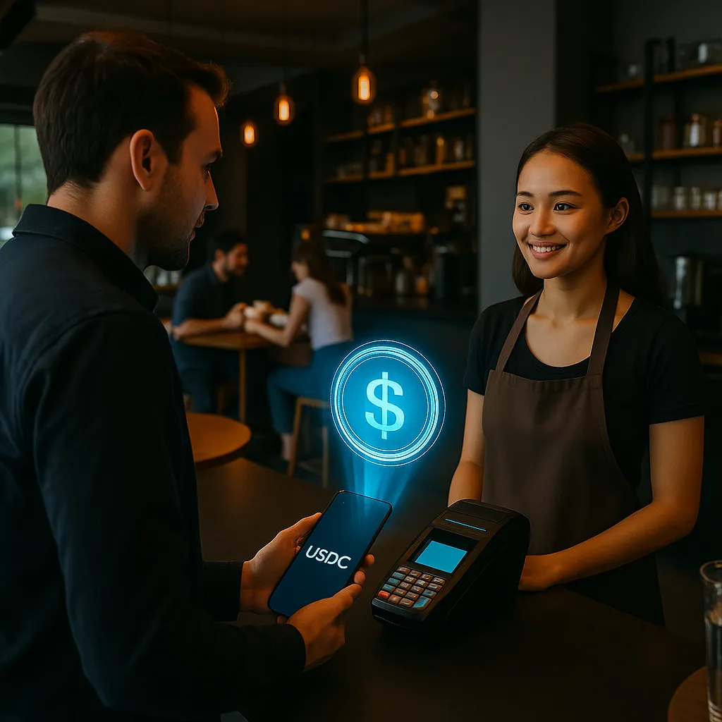 A customer pays for coffee using a smartphone projecting a glowing USDC coin — USDC vs PYUSD potential illustrated in a modern café with photorealistic detail.