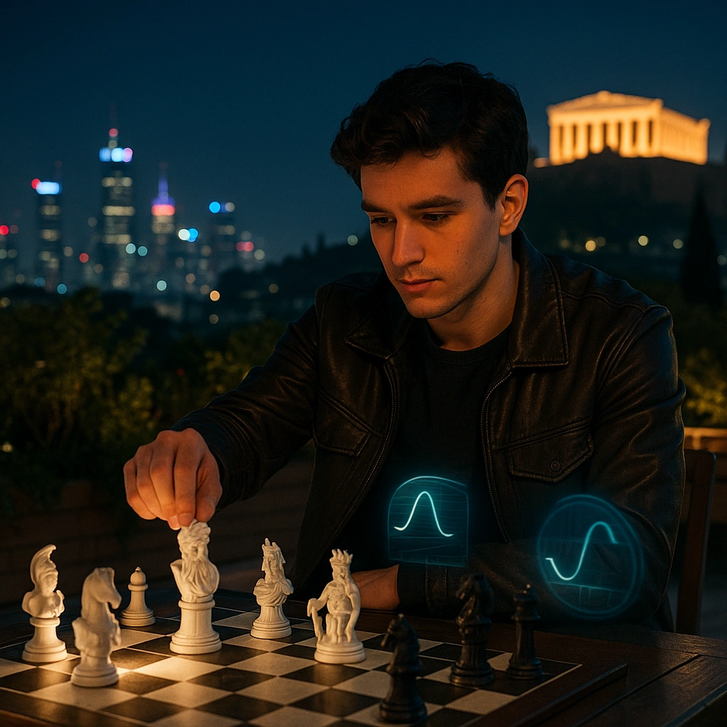A young man plays chess with Greek god pieces on a rooftop at night — options Greeks explained through strategic planning, with Parthenon and city skyline backdrop.