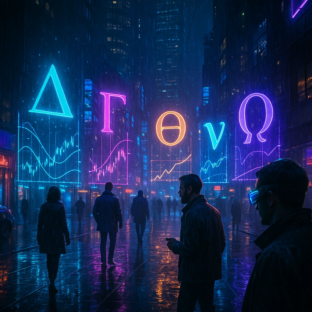 Cyberpunk city at night with neon holograms of Delta, Gamma, Theta, Vega, and Rho — options Greeks explained through futuristic glowing billboards, rain-soaked streets, and cinematic lighting.