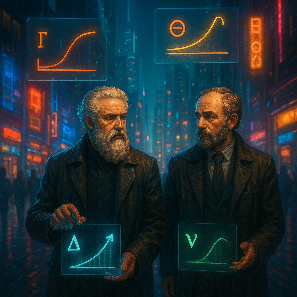 Plato and Aristotle in a neon cyberpunk city holding glowing holographic charts — options Greeks explained through futuristic Delta and Vega visualizations, cinematic high-resolution DSLR style.