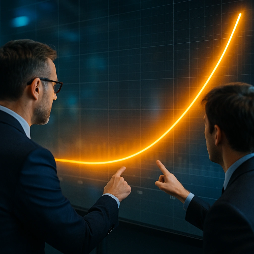 Two analysts point at a glowing orange curve accelerating sharply on a digital wall chart — options Greeks explained through Gamma’s slope change, photorealistic DSLR style.