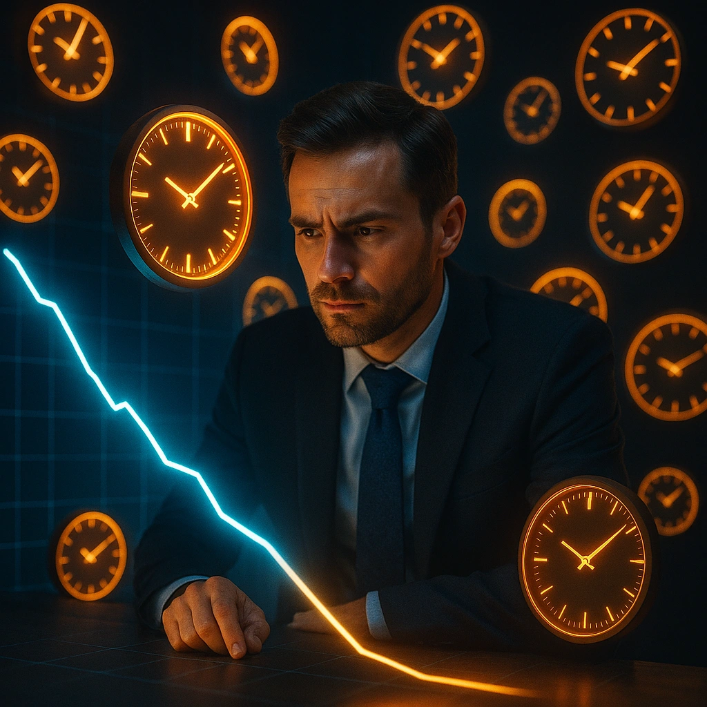 Trader surrounded by glowing clocks spinning faster as a graph line drops — options Greeks explained visually, symbolizing Theta’s time decay in sharp DSLR realism.