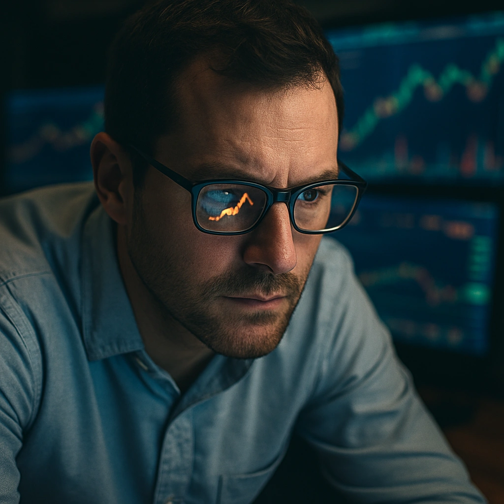 Focused trader leans toward monitors, graph slope reflected in glasses — options Greeks explained visually through the changing line’s angle and market data in sharp DSLR style. 