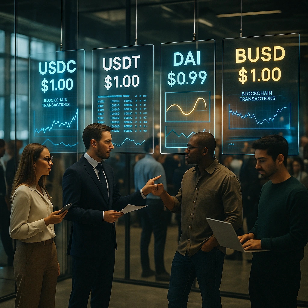 A group of professionals discusses digital panels displaying USDC, USDT, DAI, and BUSD prices — highlighting market trends in a photorealistic financial setting with blockchain data visuals.