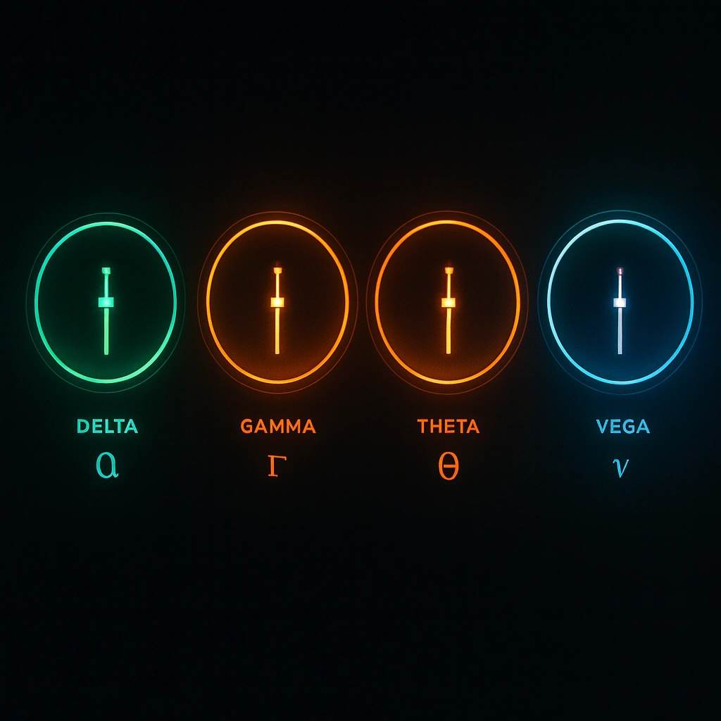 Four glowing dials display Delta, Gamma, Theta, and Vega sliders, representing options price movement in a sleek digital interface styled like a trader’s control panel.