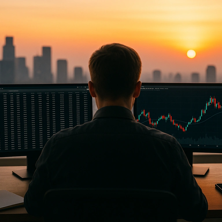 Trader at desk analyzing options price movement on dual monitors at sunrise, with a candlestick chart, options chain, coffee mug, notebook, and phone visible.