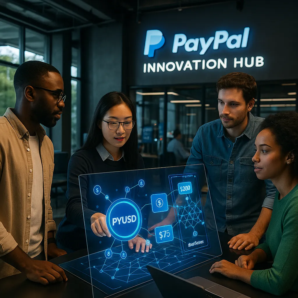 Fintech professionals at PayPal Innovation Hub collaborate over transparent touchscreen showing PYUSD blockchain flows, ideal for illustrating USDC vs PYUSD in high-resolution photorealistic DSLR style.