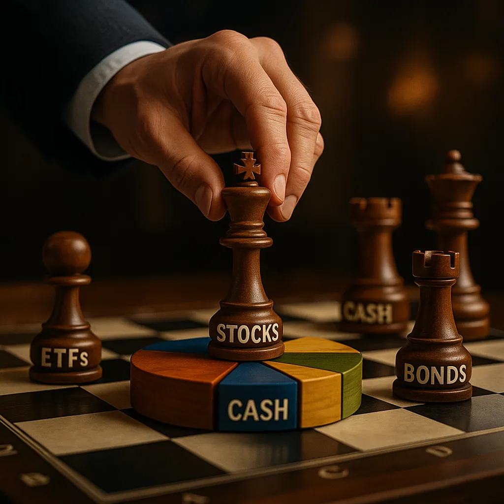 Investor’s hand moves chess piece labeled 'Stocks' on board with ETFs, Bonds, and Cash, symbolizing strategic decisions and importance of portfolio rebalancing in investing.