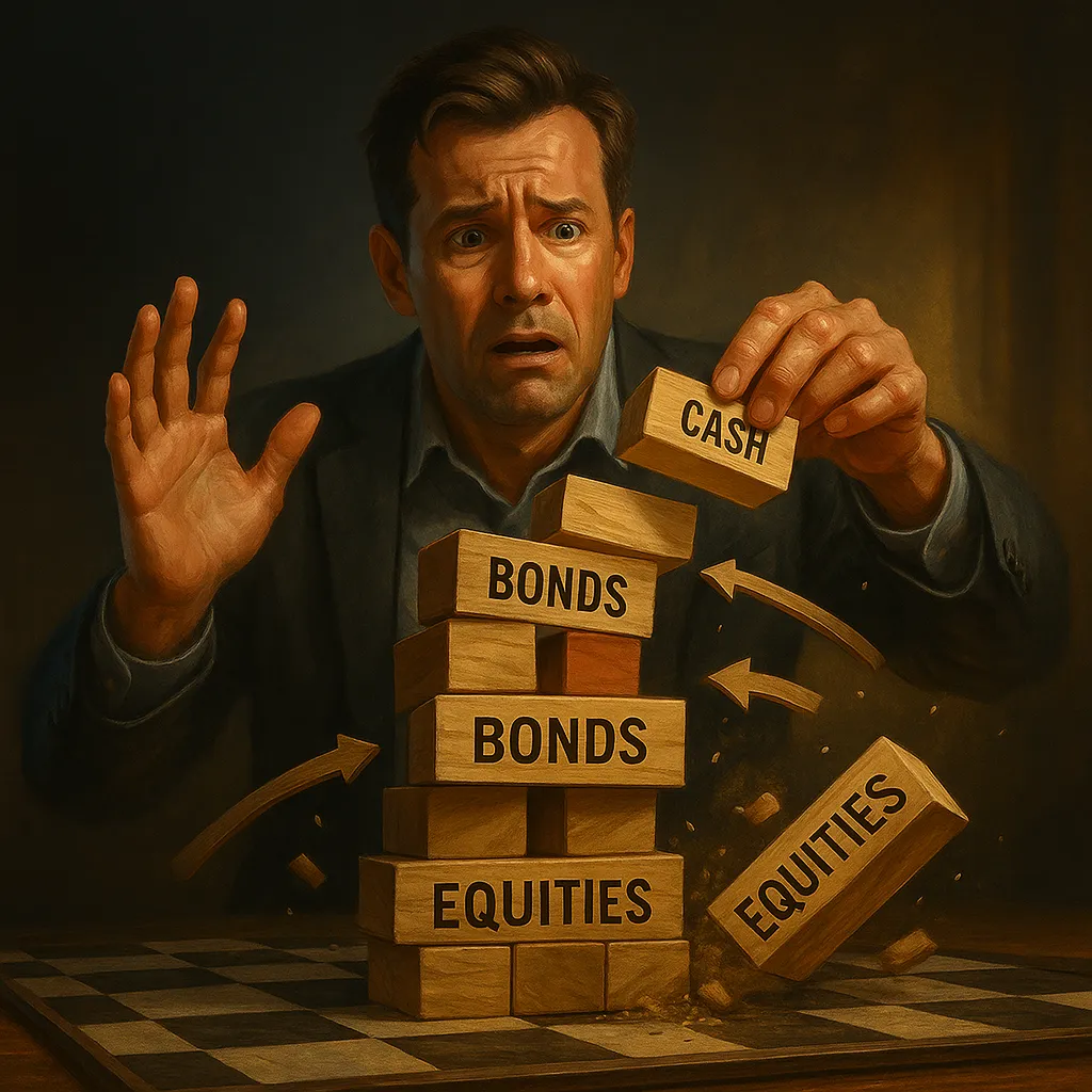Shocked investor watches asset block tower collapse, including equities, bonds, and cash, highlighting the urgent importance of portfolio rebalancing to avoid financial instability.