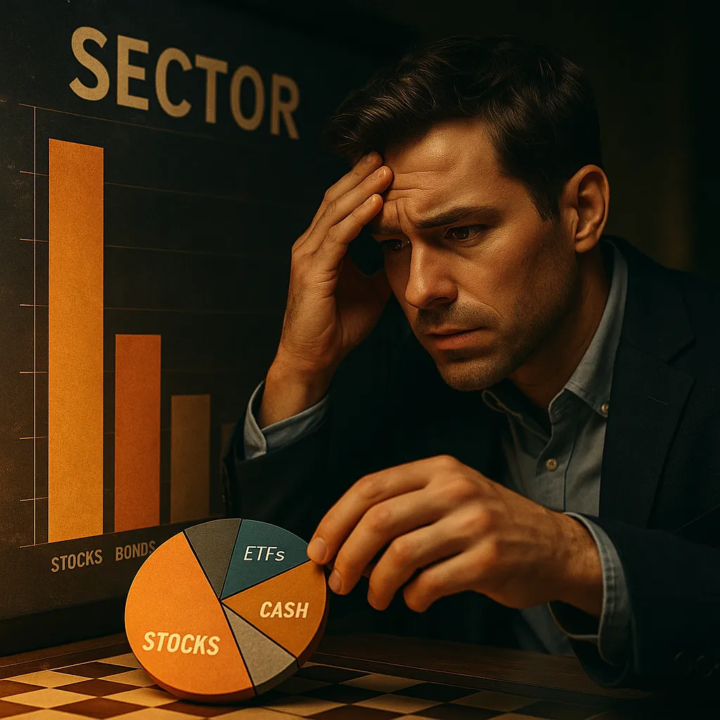 Concerned investor studies a lopsided bar chart with one dominant sector, visually illustrating the importance of portfolio rebalancing for long-term investment stability. 