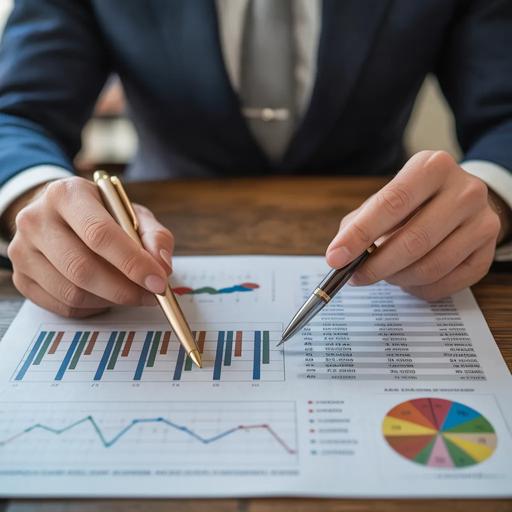 Business professional analyzing charts with pens, focusing on graphs and pie charts. Learn how to Read Annual Report Fast by identifying key financial insights quickly and effectively.