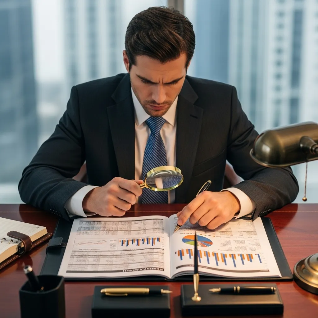 Business professional examines financial data with magnifying glass, highlighting graphs and charts, illustrating the importance of learning to Read Annual Report Fast for effective analysis.