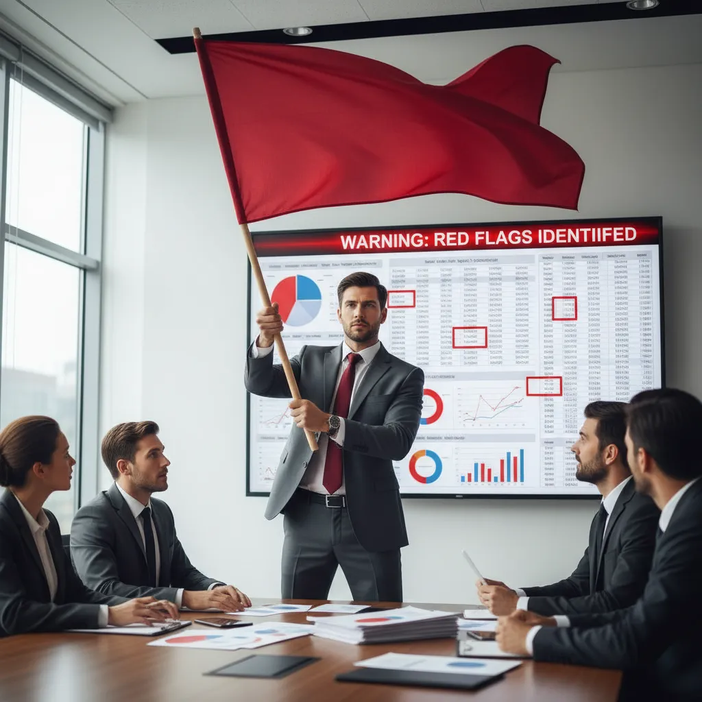 Businessman raising red flag in boardroom, warning team of financial issues. Learn to Read Annual Report Fast by spotting red flags quickly and effectively.