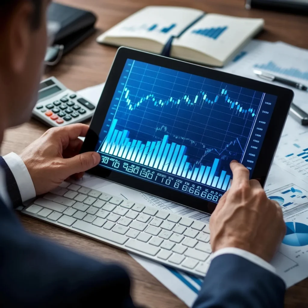 Business professional analyzing financial charts on a tablet, exploring performance metrics and stock trends, showcasing strategies to Read Annual Report Fast with accuracy and efficiency.