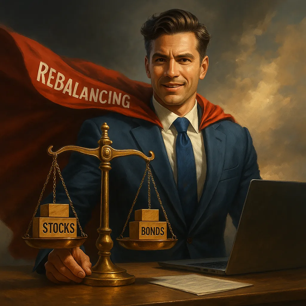 A confident man in a suit with a red cape labeled 'Rebalancing' balances stocks and bonds on a scale, illustrating the importance of portfolio rebalancing clearly.