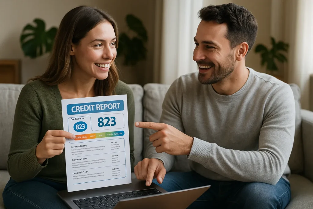 Happy couple reviewing credit report with a score of 823 on a laptop, showing motivation to rebuild your credit fast through planning.