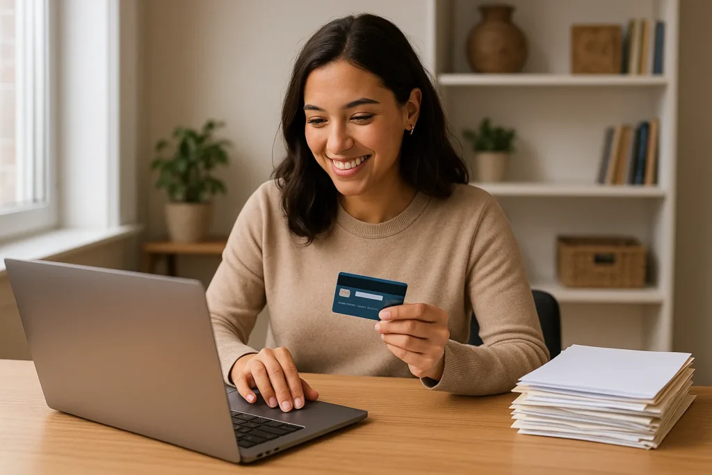 Young woman smiling at laptop in a home office making an online payment, with documents stacked beside her, showing how to rebuild your credit fast.