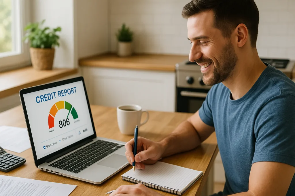 Man smiling while reviewing excellent credit score on laptop at kitchen table, with notebook and coffee, showing how to rebuild your credit fast.