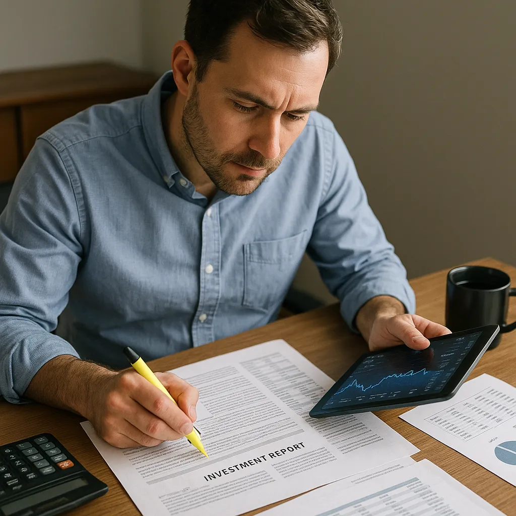 Smart Beta Investing Guide showing a man analyzing financial data on a tablet while reviewing investment reports, highlighting strategies with documents and calculator on desk.
