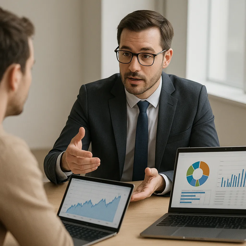 Smart Beta Investing Guide: A financial advisor explains portfolio strategies to a client using laptops showing charts in a modern, well-lit office.