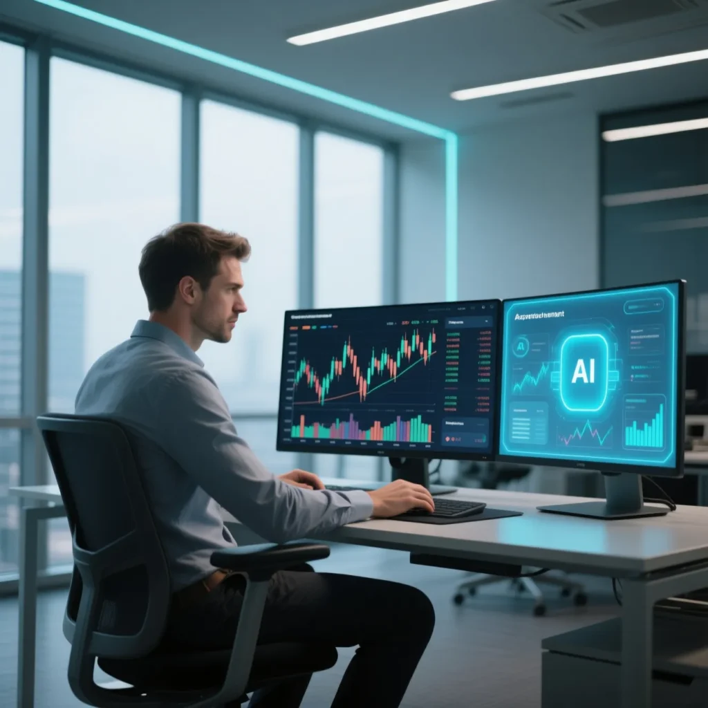 Smart Beta Investing Guide: Professional investor analyzes charts on dual monitors, one showing AI-driven insights, symbolizing technology-enhanced strategies and modern data-driven portfolio management.