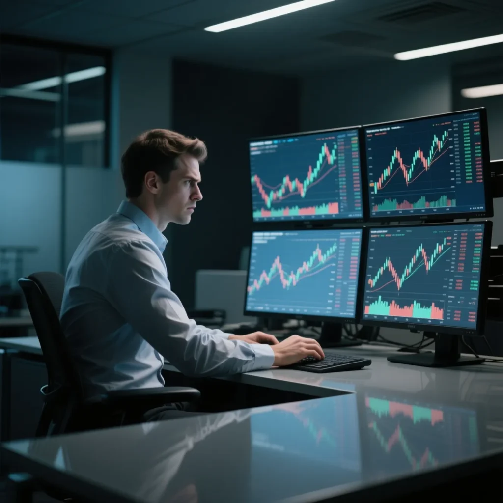Smart Beta Investing Guide: Focused investor monitors multiple clean trading screens with rising charts in a modern office, emphasizing disciplined analysis and data-driven investment strategy.