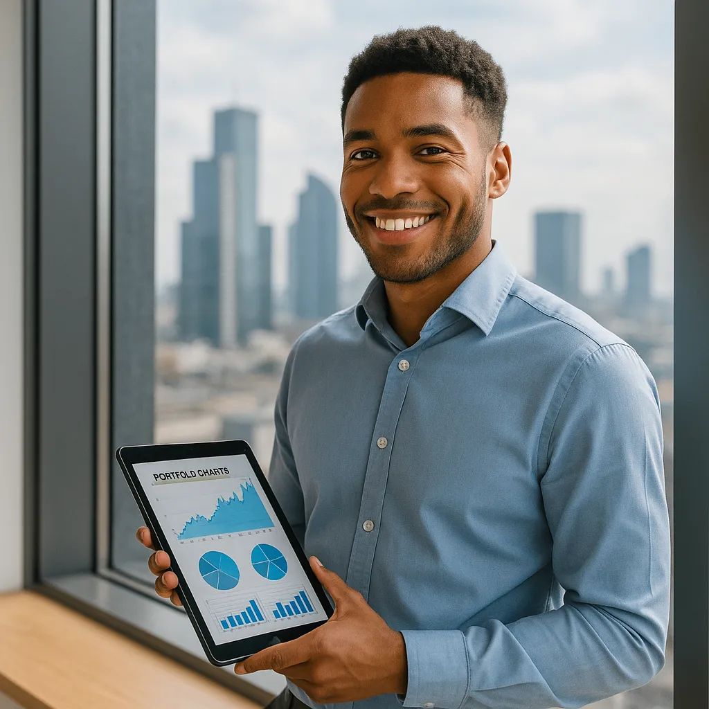 Smart Beta Investing Guide: A young professional smiles confidently while holding a tablet showing portfolio charts, standing by an office window overlooking a vibrant city skyline.