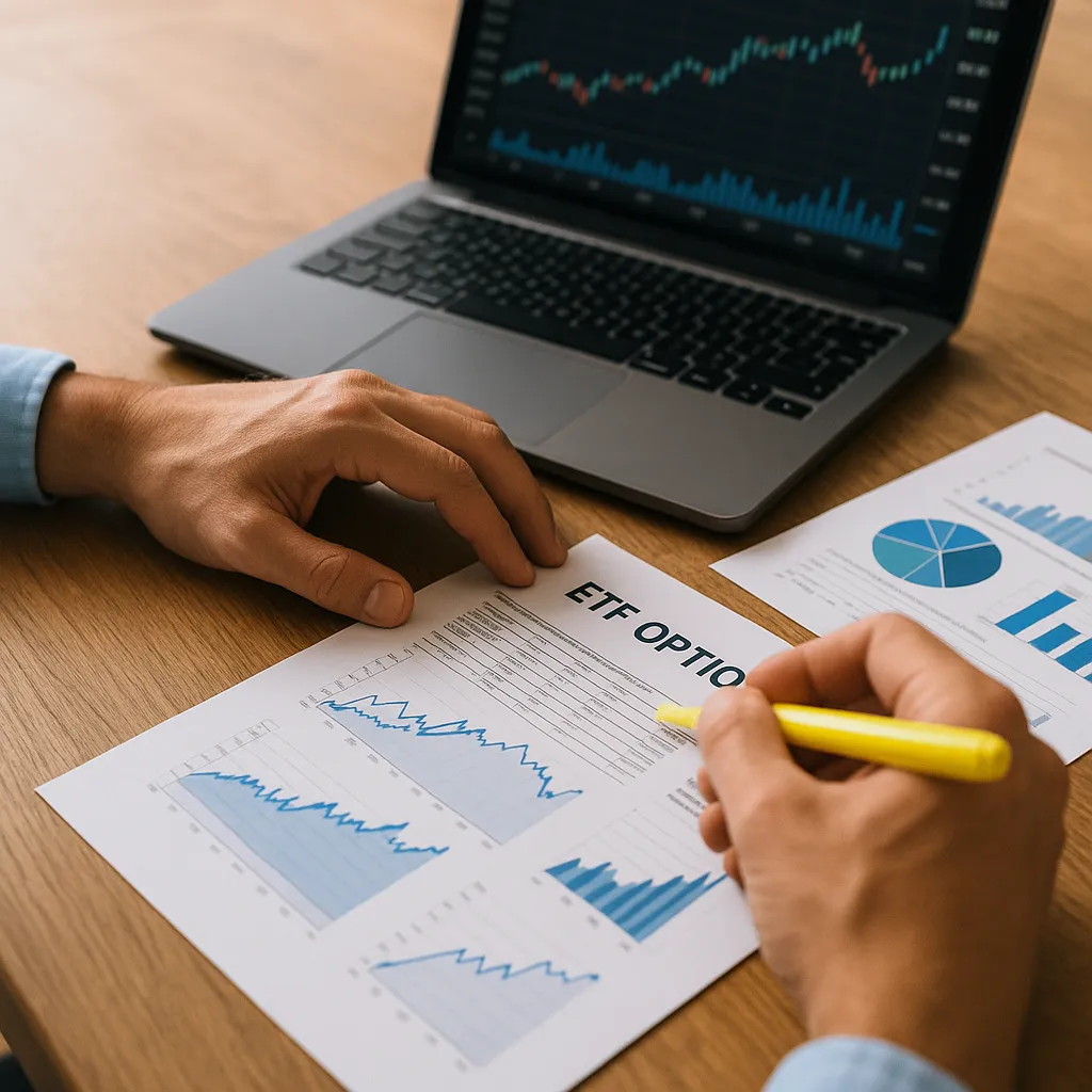 Smart Beta Investing Guide: Hands highlight ETF options on documents, with charts and graphs on paper and laptop, suggesting practical, data-driven portfolio management.
