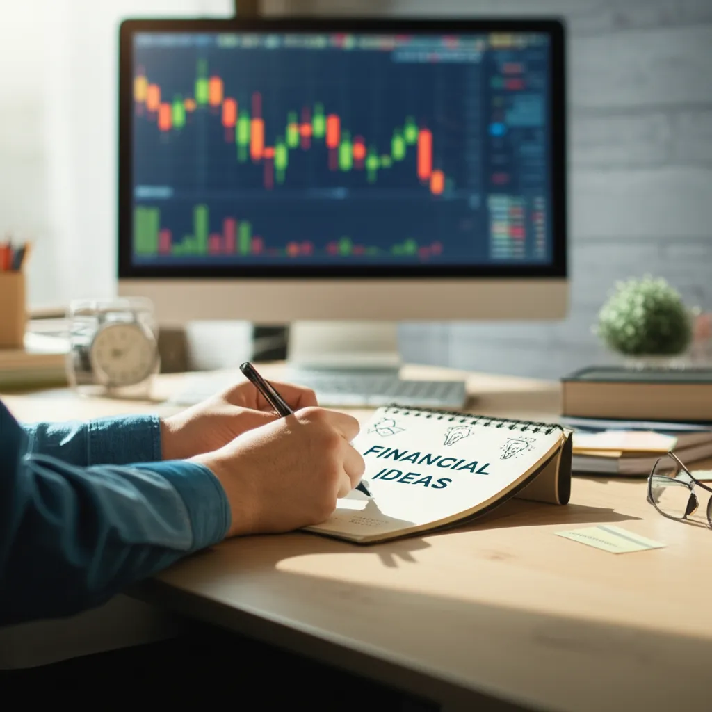 Close-up of an investor writing notes labeled “Financial Ideas” at a desk with stock charts on a computer screen, symbolizing how to build an investment thesis.