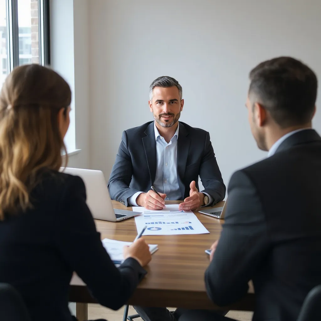 Smart Beta Investing Guide: Financial advisor in suit explains portfolio strategies to two clients at meeting table with charts, laptops, and bright daylight office atmosphere.