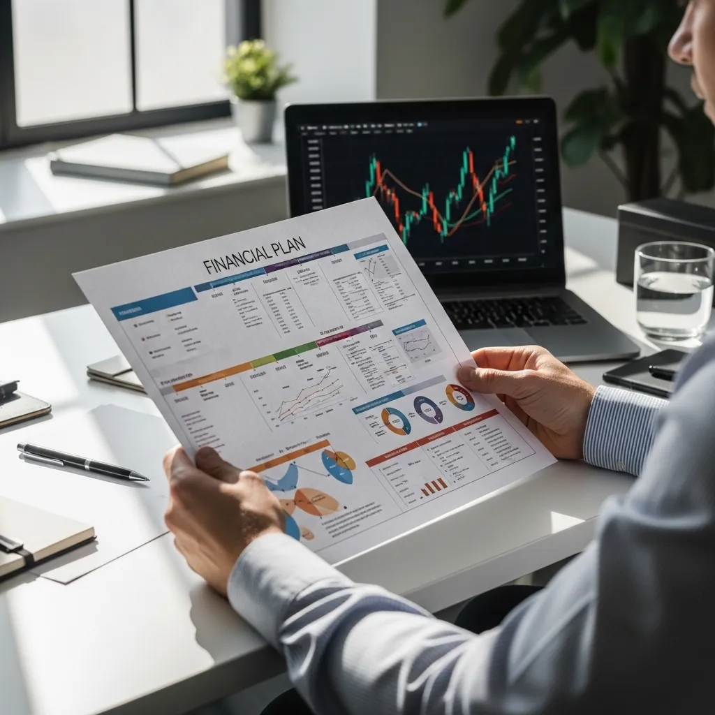 Investor reviewing a printed financial plan with charts and data while a laptop displays market trends, symbolizing structured analysis to build an investment thesis with confidence.