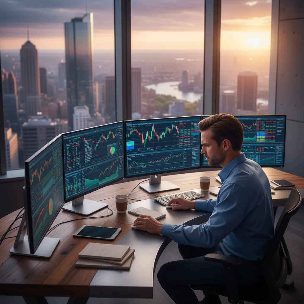 Trader analyzing multiple monitors with stock market data in a high-rise office at sunset, reflecting disciplined research and strategy to build an investment thesis effectively.