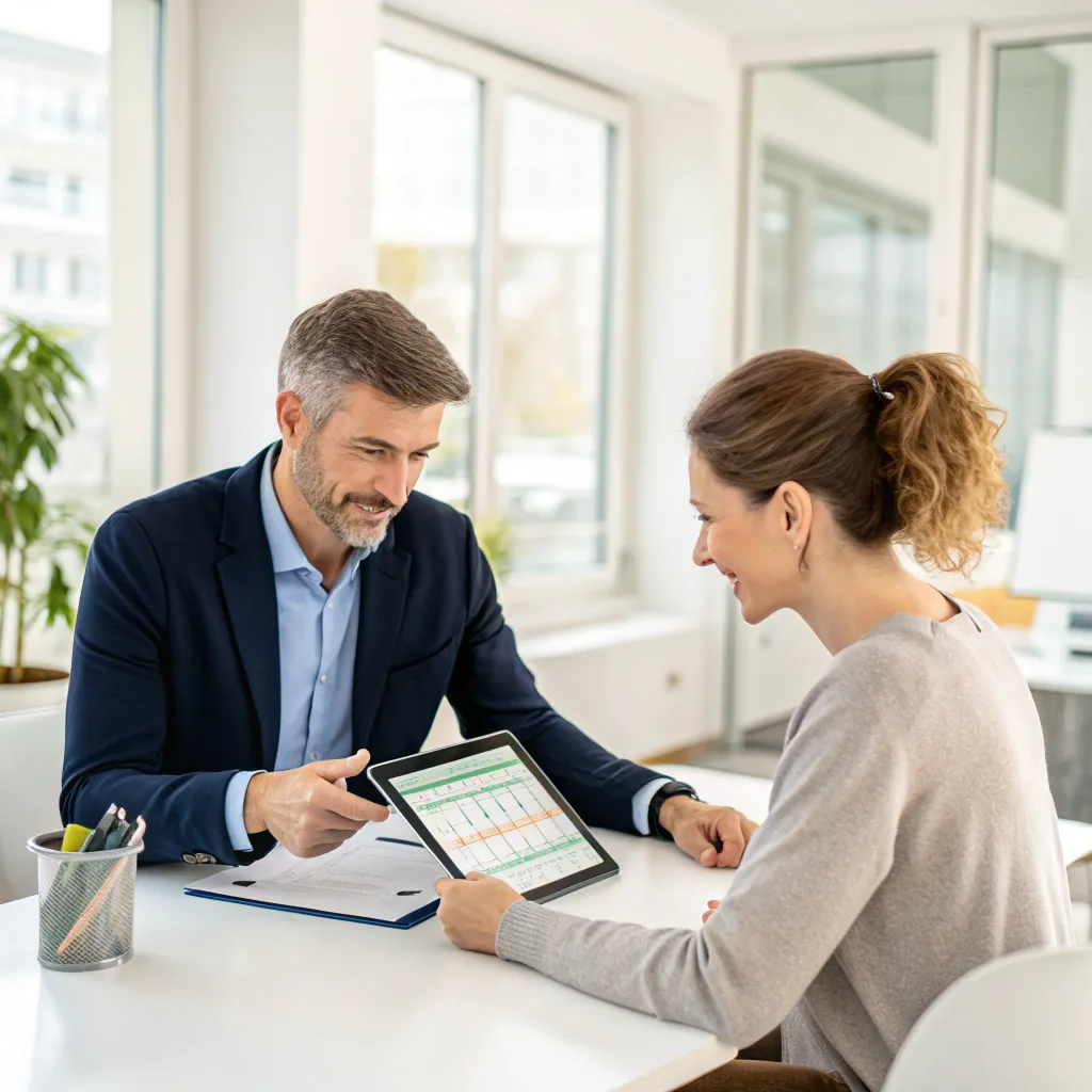 Financial advisor discussing strategy with a client in a bright office, reviewing data on a tablet, highlighting collaboration and planning to build an investment thesis effectively.