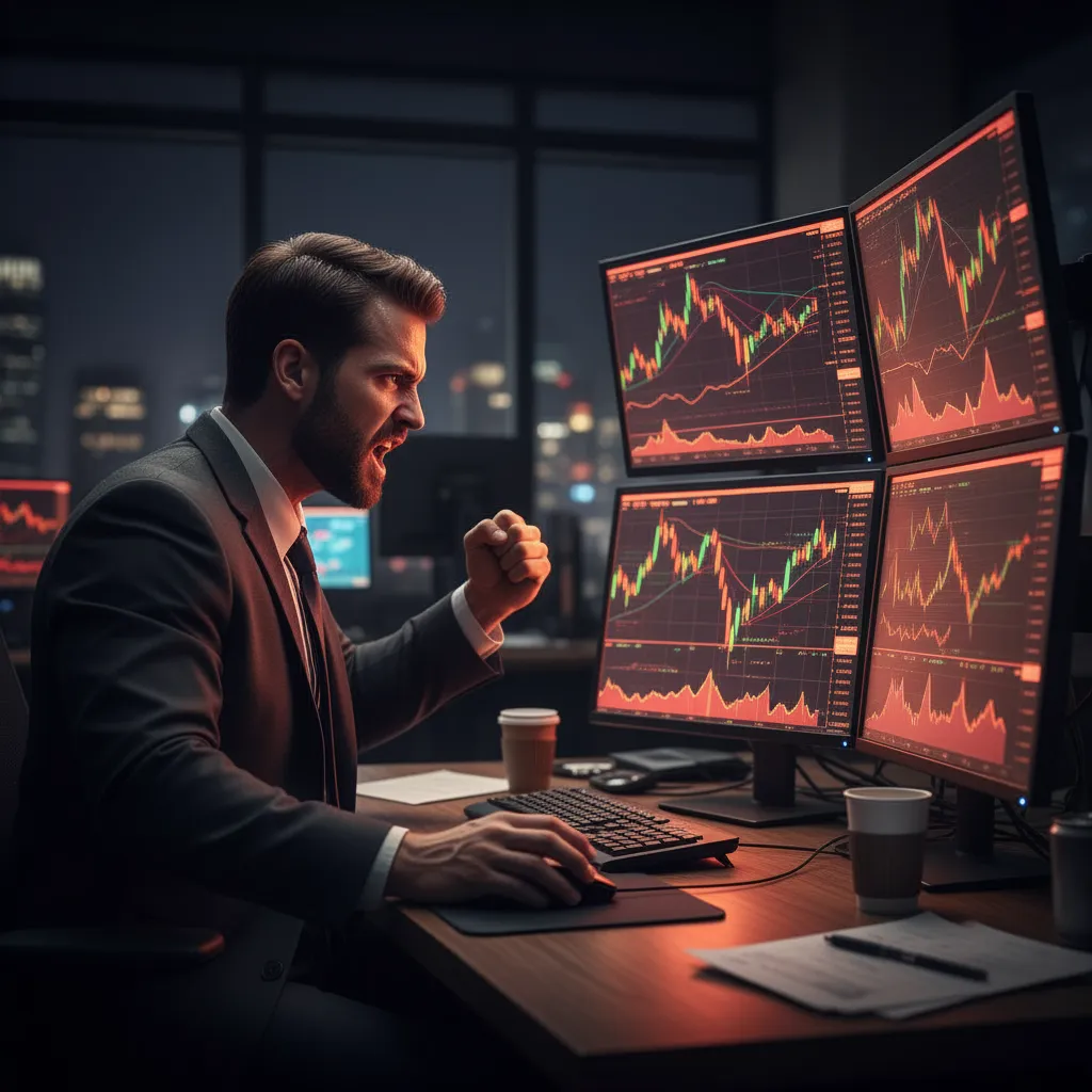 Smart Beta Investing Guide: A professional trader celebrates while monitoring multiple red stock charts on large screens in a modern office, symbolizing strategy and market intensity.